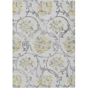 Photo of Silver Gray And Gold Floral Washable Indoor Outdoor Area Rug