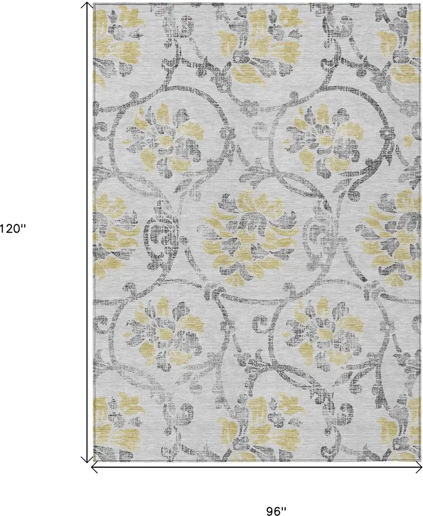 Silver Gray And Gold Floral Washable Indoor Outdoor Area Rug Photo 3