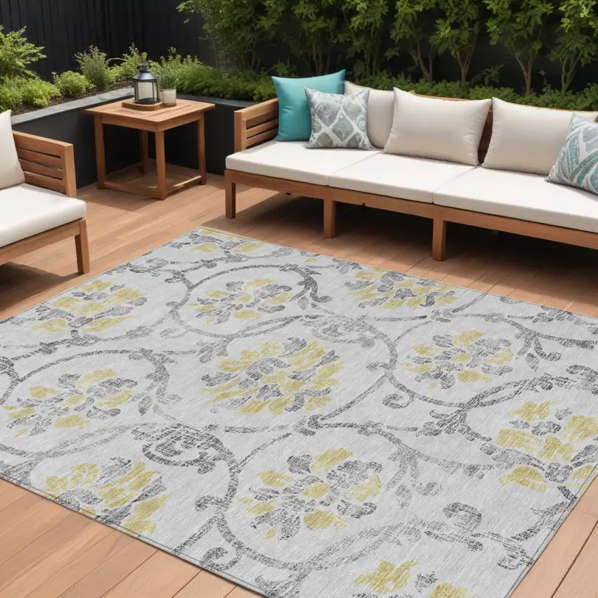 Silver Gray And Gold Floral Washable Indoor Outdoor Area Rug Photo 1