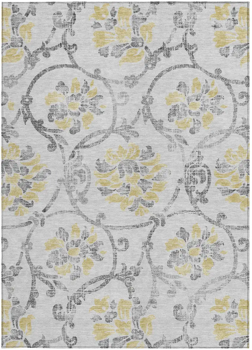 Silver Gray And Gold Floral Washable Indoor Outdoor Area Rug Photo 6