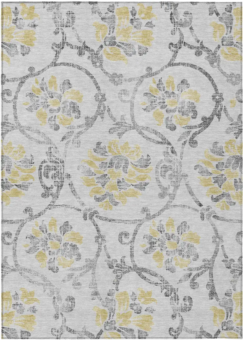 Silver Gray And Gold Floral Washable Indoor Outdoor Area Rug Photo 1