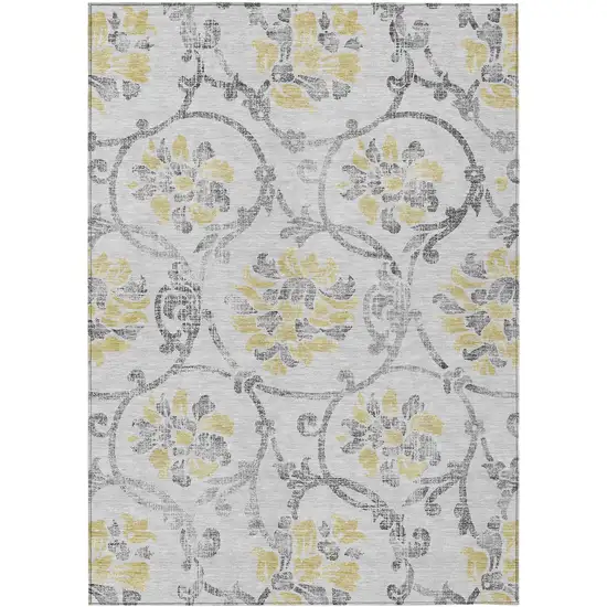 Silver Gray And Gold Floral Washable Indoor Outdoor Area Rug Photo 1