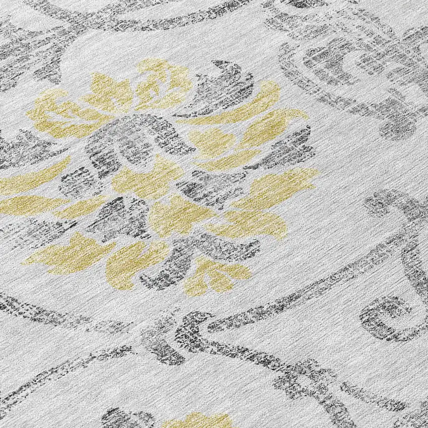 Silver Gray And Gold Floral Washable Indoor Outdoor Area Rug Photo 5