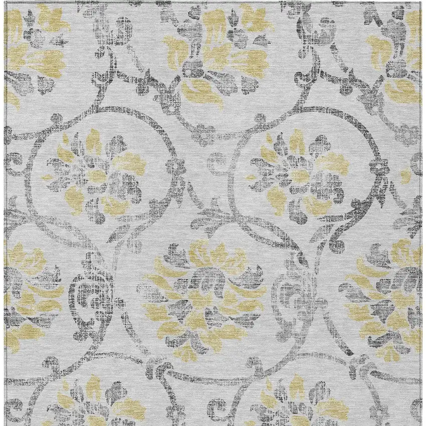 Silver Gray And Gold Floral Washable Indoor Outdoor Area Rug Photo 6