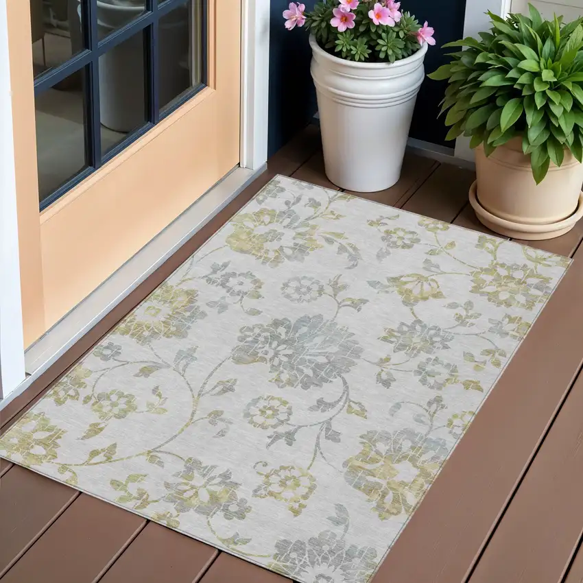 Silver Gray And Gold Floral Washable Indoor Outdoor Area Rug Photo 1