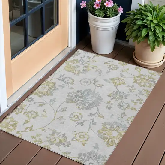 Silver Gray And Gold Floral Washable Indoor Outdoor Area Rug Photo 1