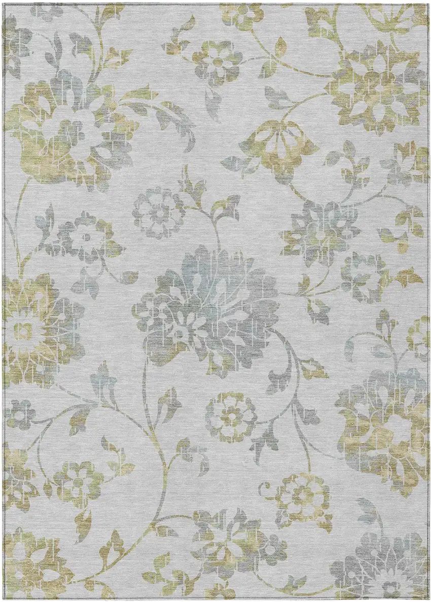 Silver Gray And Gold Floral Washable Indoor Outdoor Area Rug Photo 2