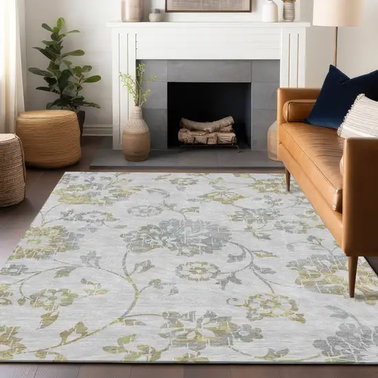 Silver Gray And Gold Floral Washable Indoor Outdoor Area Rug Photo 9