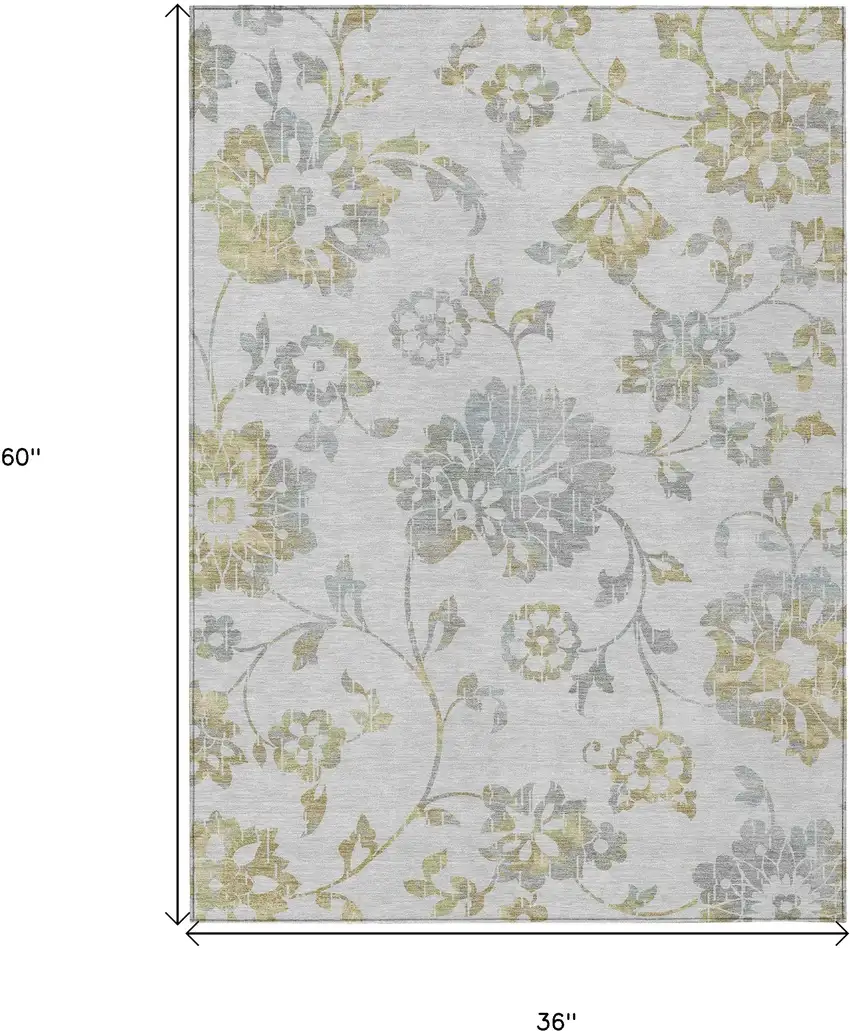 Silver Gray And Gold Floral Washable Indoor Outdoor Area Rug Photo 3