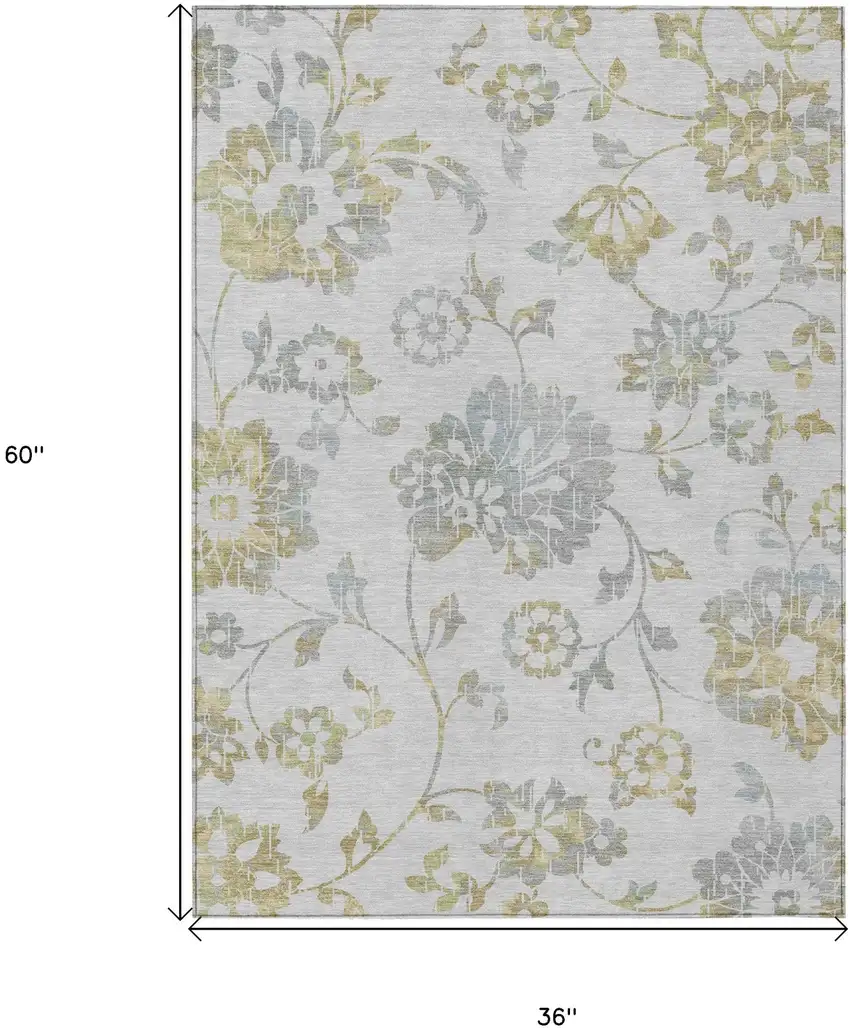 Silver Gray And Gold Floral Washable Indoor Outdoor Area Rug Photo 3
