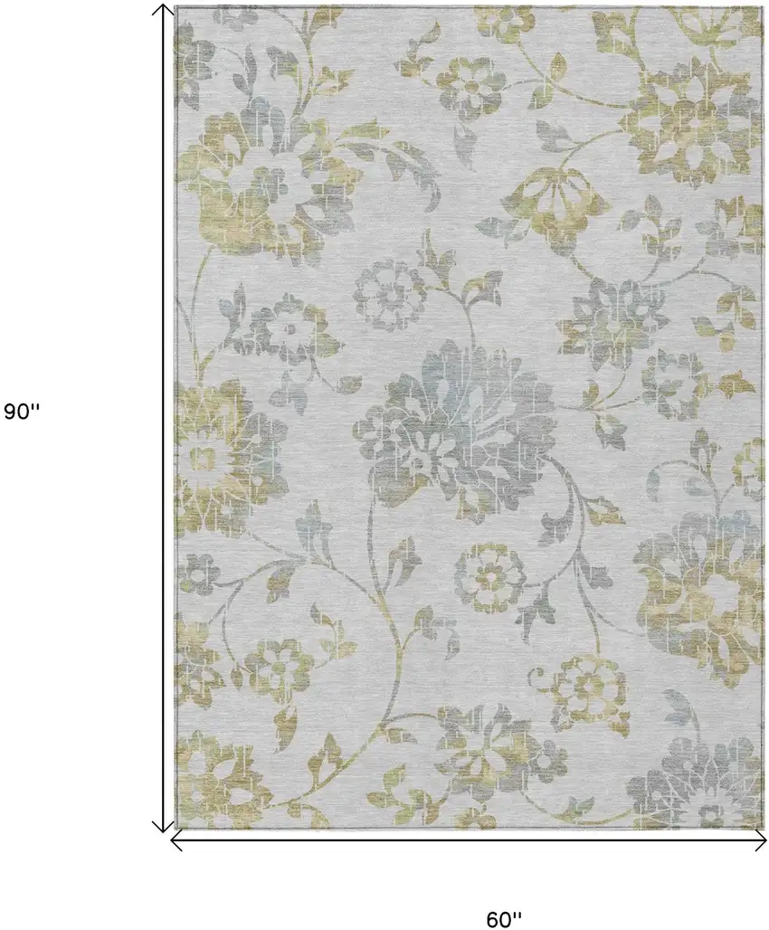 Silver Gray And Gold Floral Washable Indoor Outdoor Area Rug Photo 3