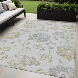 Photo of Silver Gray And Gold Floral Washable Indoor Outdoor Area Rug