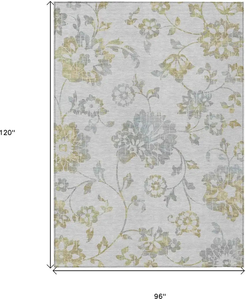 Silver Gray And Gold Floral Washable Indoor Outdoor Area Rug Photo 3