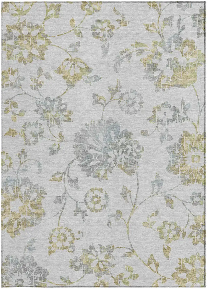 Silver Gray And Gold Floral Washable Indoor Outdoor Area Rug Photo 8