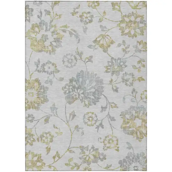 Silver Gray And Gold Floral Washable Indoor Outdoor Area Rug Photo 2
