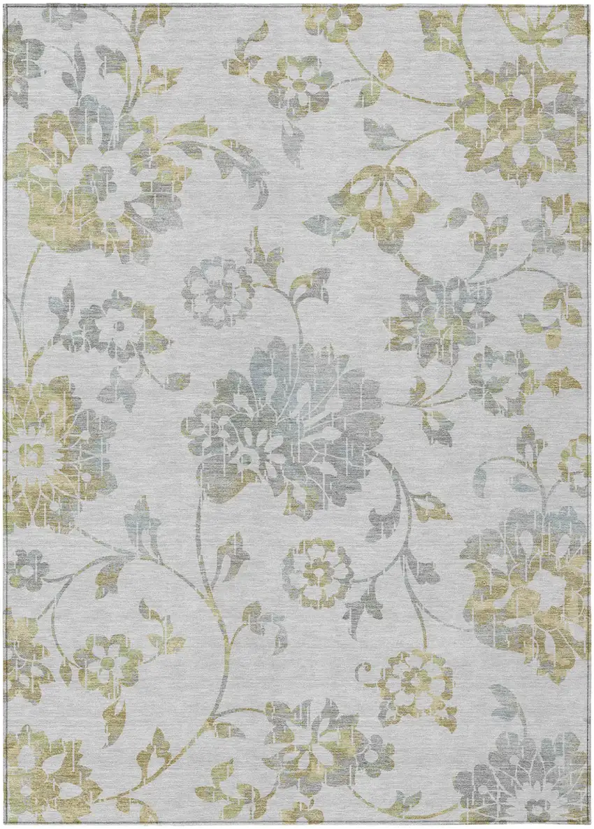Silver Gray And Gold Floral Washable Indoor Outdoor Area Rug Photo 2