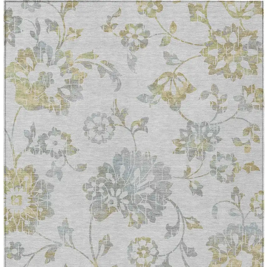 Silver Gray And Gold Floral Washable Indoor Outdoor Area Rug Photo 7