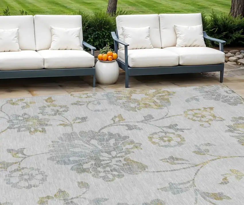 Silver Gray And Gold Floral Washable Indoor Outdoor Area Rug Photo 1