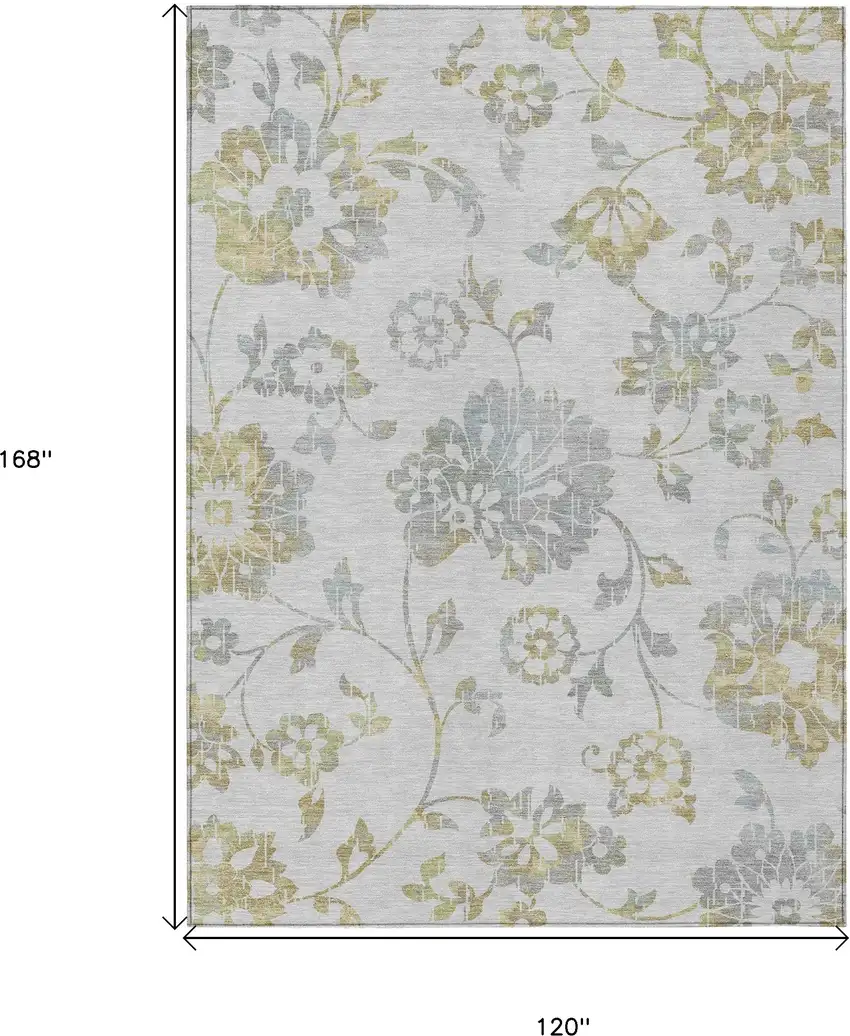 Silver Gray And Gold Floral Washable Indoor Outdoor Area Rug Photo 3