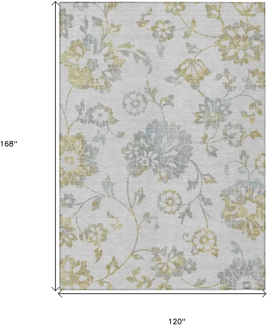 Silver Gray And Gold Floral Washable Indoor Outdoor Area Rug Photo 3