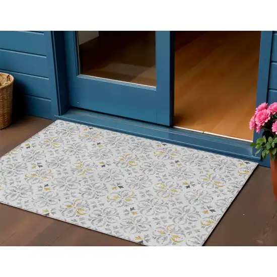 Silver Gray And Gold Floral Washable Indoor Outdoor Area Rug Photo 1