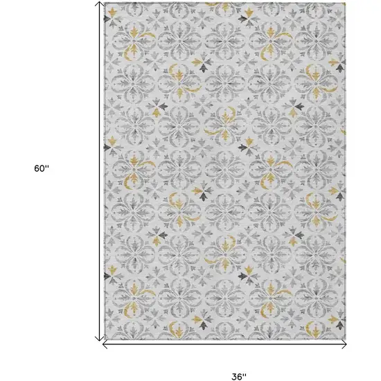 Silver Gray And Gold Floral Washable Indoor Outdoor Area Rug Photo 3
