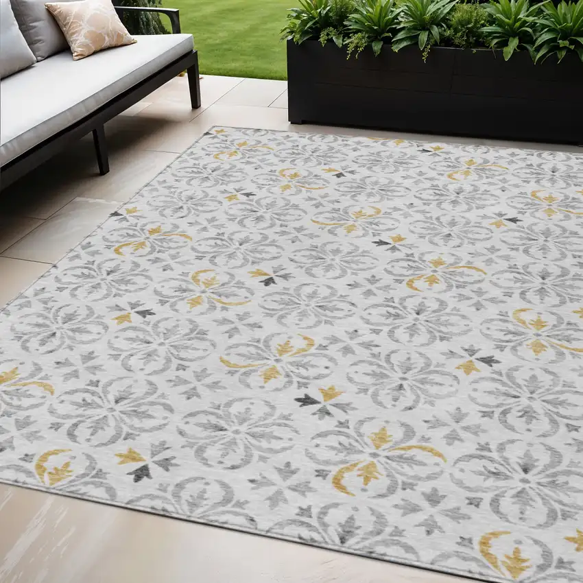 Silver Gray And Gold Floral Washable Indoor Outdoor Area Rug Photo 1