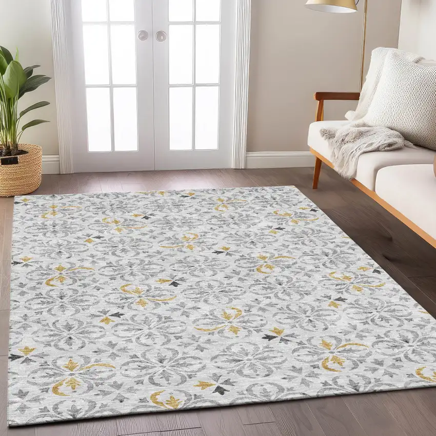 Silver Gray And Gold Floral Washable Indoor Outdoor Area Rug Photo 8