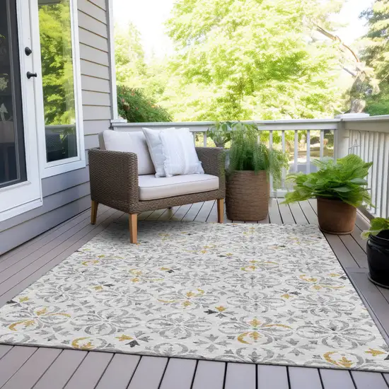 Silver Gray And Gold Floral Washable Indoor Outdoor Area Rug Photo 7