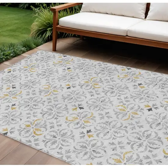 Silver Gray And Gold Floral Washable Indoor Outdoor Area Rug Photo 1