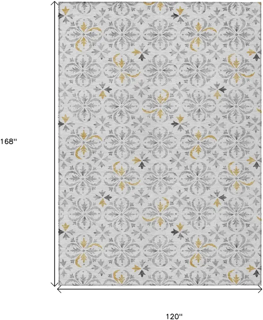 Silver Gray And Gold Floral Washable Indoor Outdoor Area Rug Photo 3