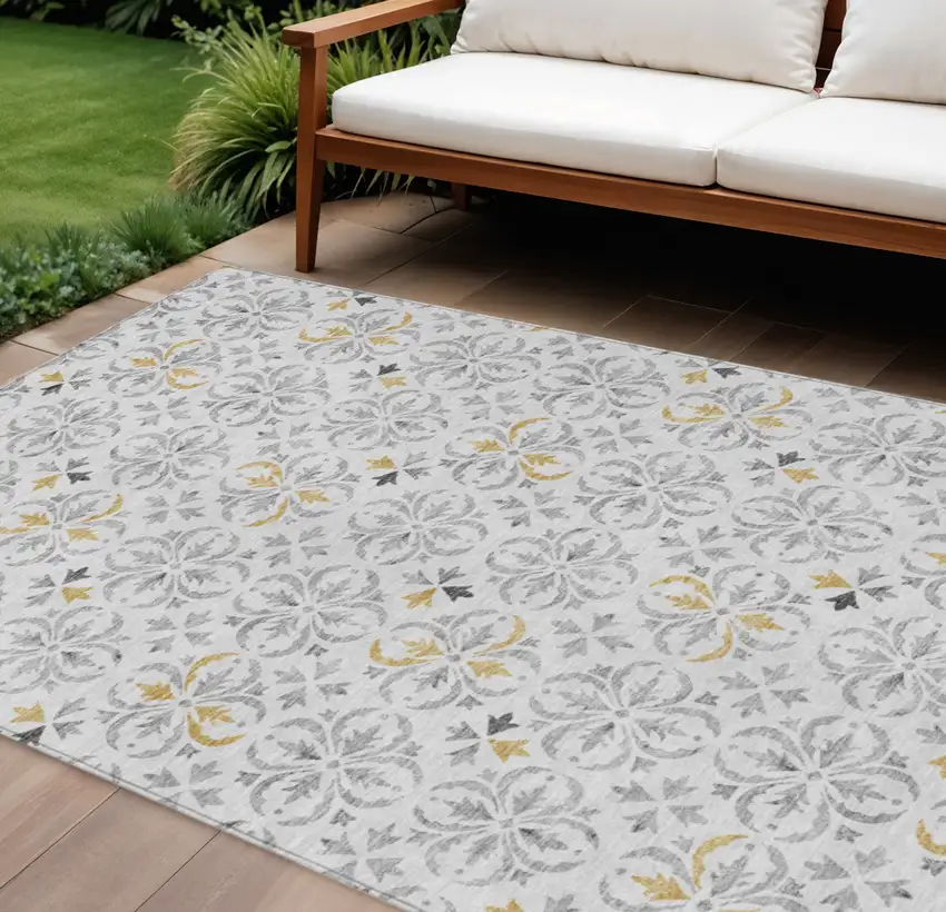 Silver Gray And Gold Floral Washable Indoor Outdoor Area Rug Photo 1