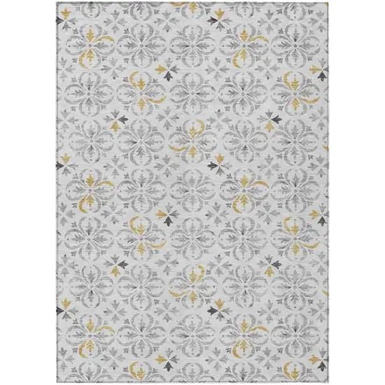 Silver Gray And Gold Floral Washable Indoor Outdoor Area Rug Photo 2
