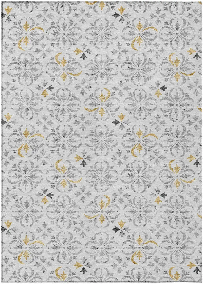 Silver Gray And Gold Floral Washable Indoor Outdoor Area Rug Photo 2