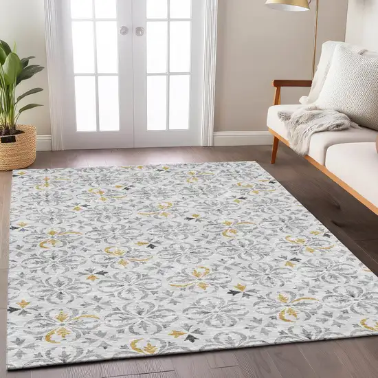 Silver Gray And Gold Floral Washable Indoor Outdoor Area Rug Photo 9