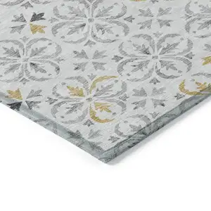 Photo of Silver Gray And Gold Floral Washable Indoor Outdoor Area Rug
