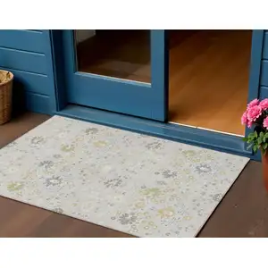 Photo of Silver Gray And Gold Oriental Washable Indoor Outdoor Area Rug