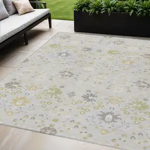 Photo of Silver Gray And Gold Oriental Washable Indoor Outdoor Area Rug