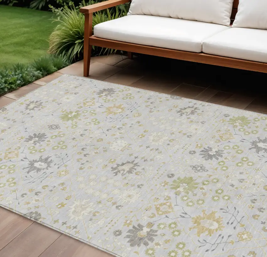 Silver Gray And Gold Oriental Washable Indoor Outdoor Area Rug Photo 1