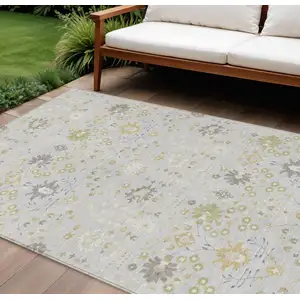 Photo of Silver Gray And Gold Oriental Washable Indoor Outdoor Area Rug