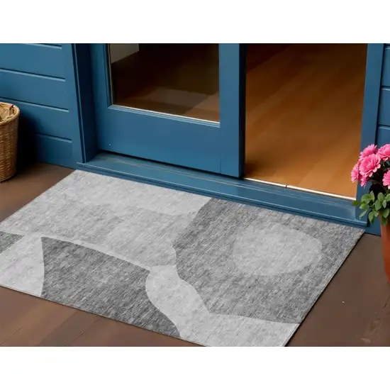 Silver Gray And Graphite Abstract Washable Indoor Outdoor Area Rug Photo 1