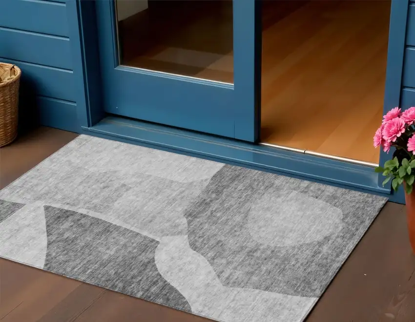 Silver Gray And Graphite Abstract Washable Indoor Outdoor Area Rug Photo 1