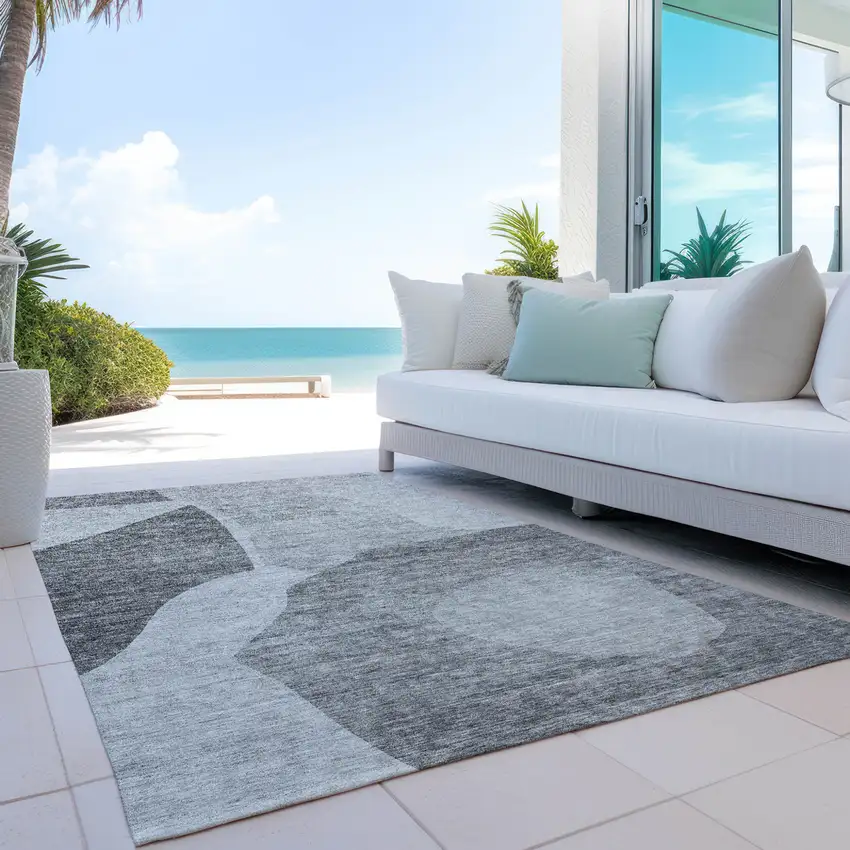 Silver Gray And Graphite Abstract Washable Indoor Outdoor Area Rug Photo 9