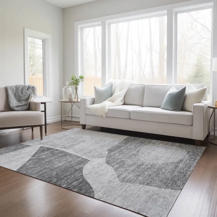Silver Gray And Graphite Abstract Washable Indoor Outdoor Area Rug Photo 9