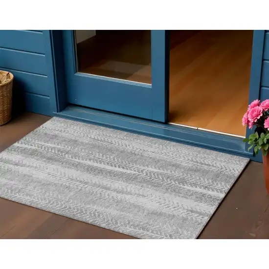 Silver Gray And Graphite Botanical Leaves Washable Indoor Outdoor Area Rug Photo 1