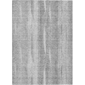 Photo of Silver Gray And Graphite Botanical Leaves Washable Indoor Outdoor Area Rug