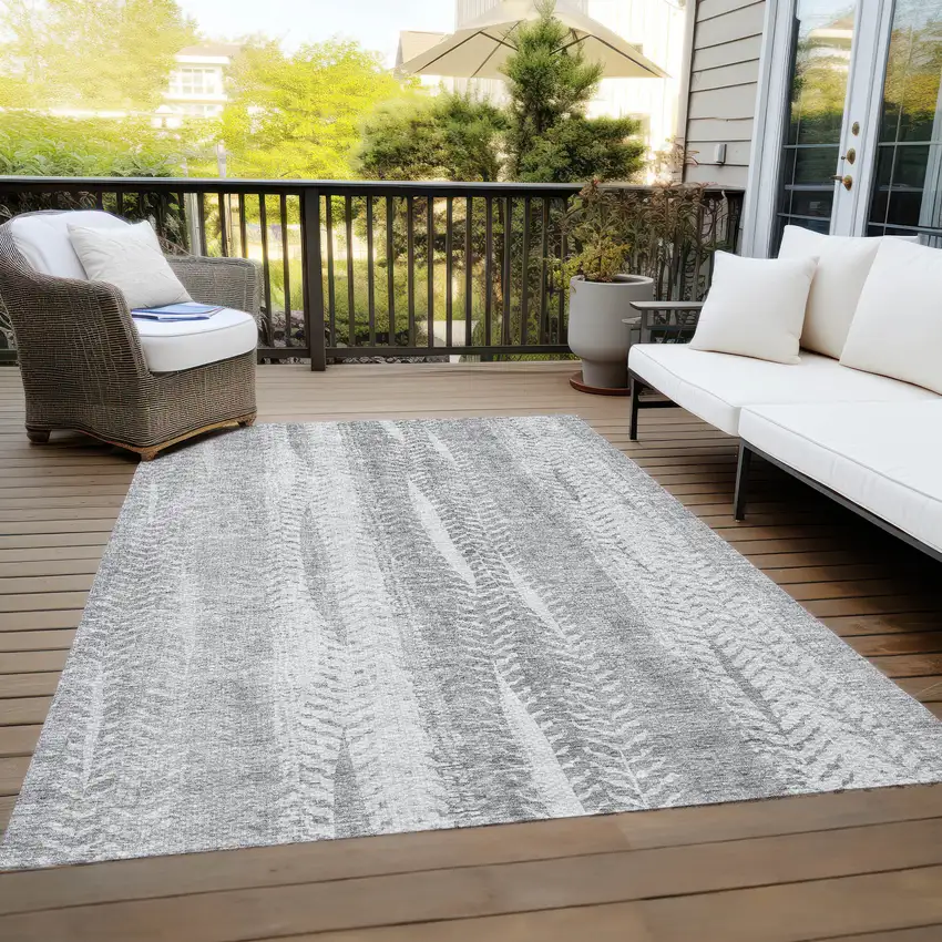 Silver Gray And Graphite Botanical Leaves Washable Indoor Outdoor Area Rug Photo 9