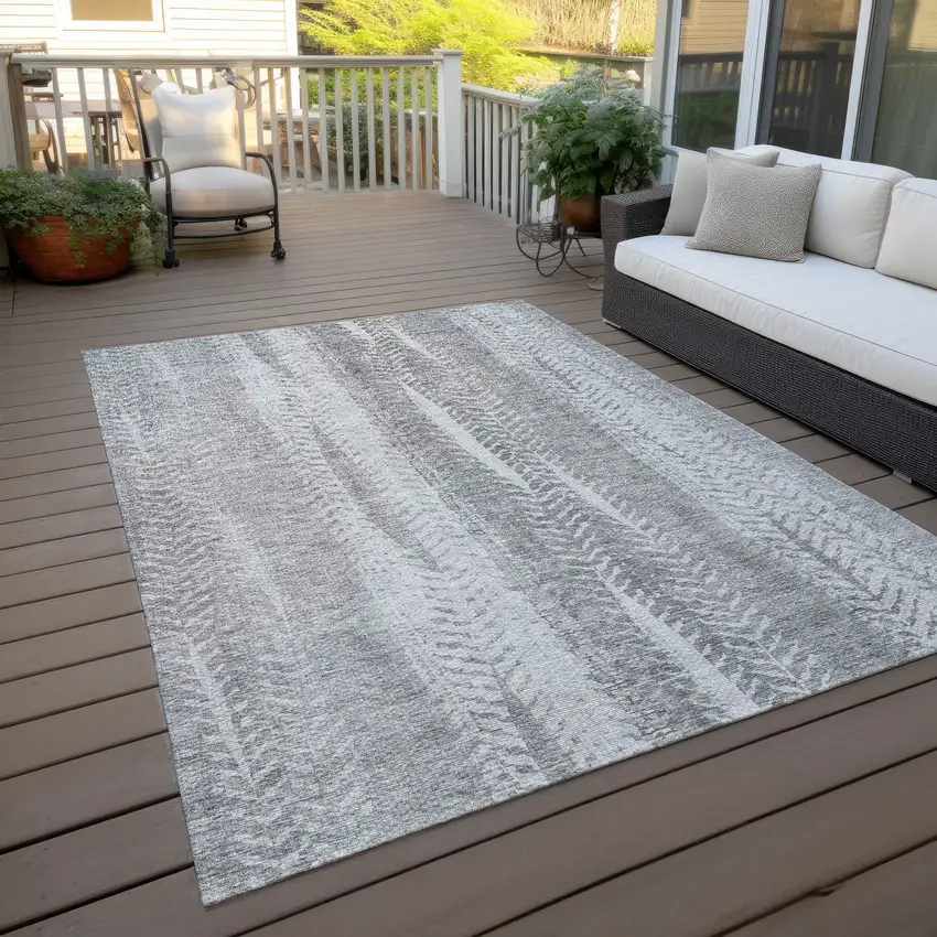Silver Gray And Graphite Botanical Leaves Washable Indoor Outdoor Area Rug Photo 7