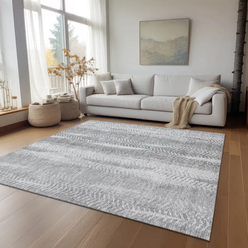 Silver Gray And Graphite Botanical Leaves Washable Indoor Outdoor Area Rug Photo 9