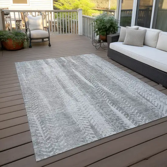 Silver Gray And Graphite Botanical Leaves Washable Indoor Outdoor Area Rug Photo 7